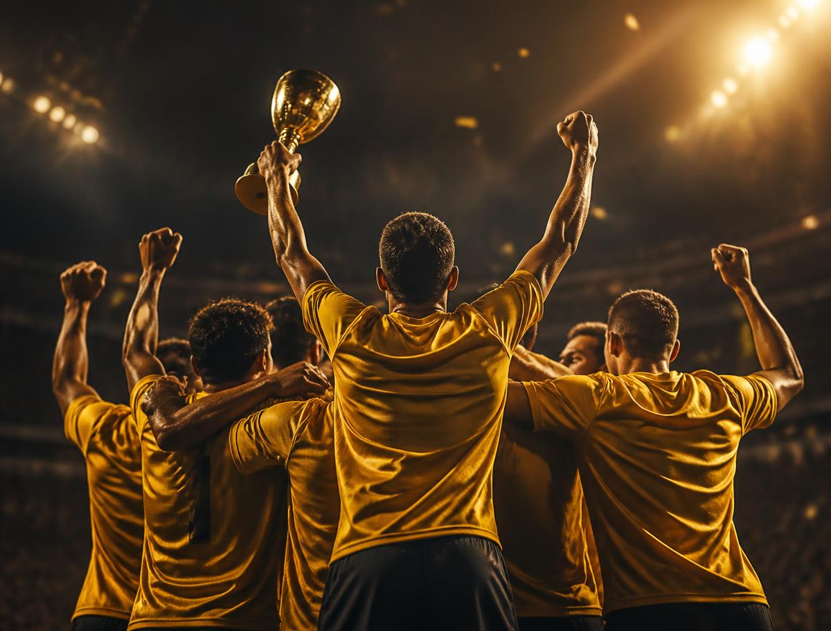 Team lifting a trophy in celebration under golden stadium lights